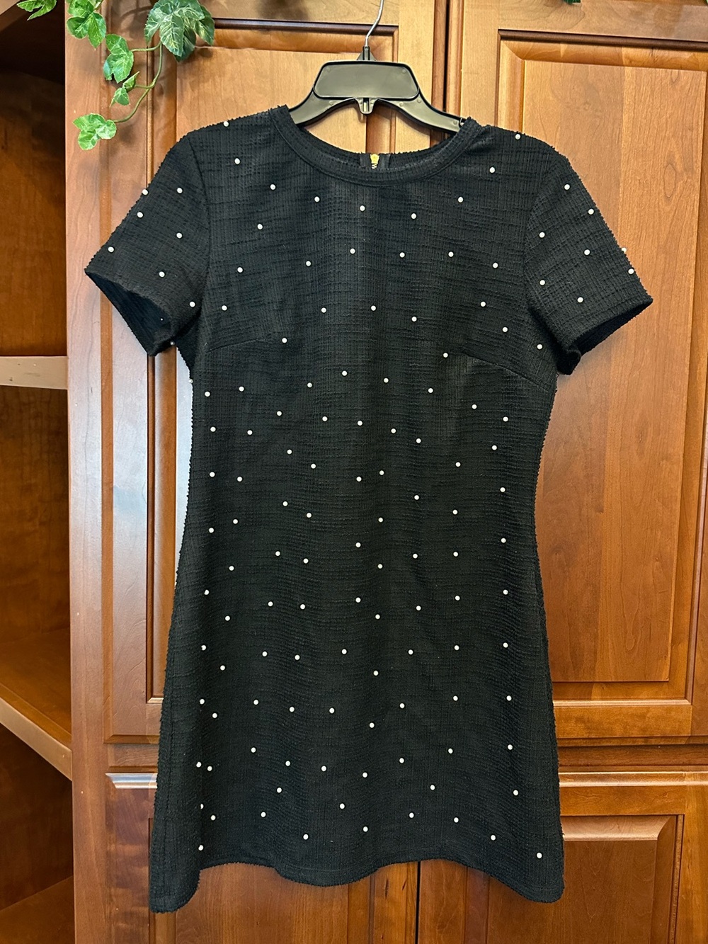 City Triangles Black Short-Sleeve Tweed Dress with Pearl Dots